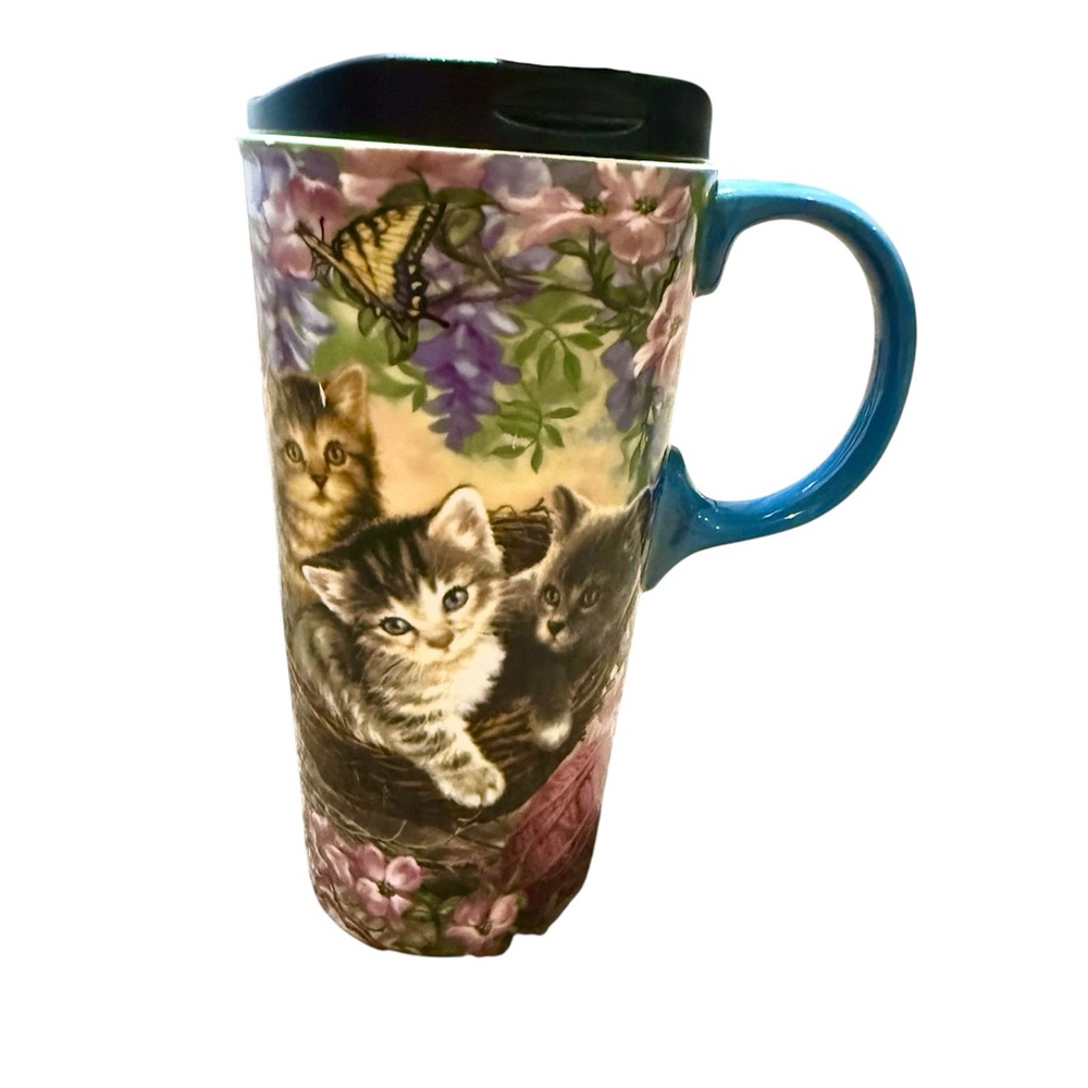 ☮️  Vintage Style Cat Ceramic Travel Mug with Lid Kittens Floral Coffee Cup Gift